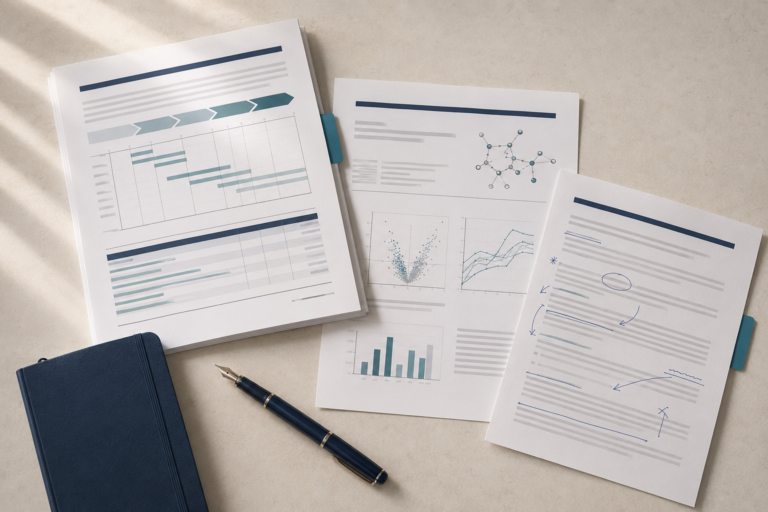Research proposal documents with a scientific work plan, data figures and reviewer annotations