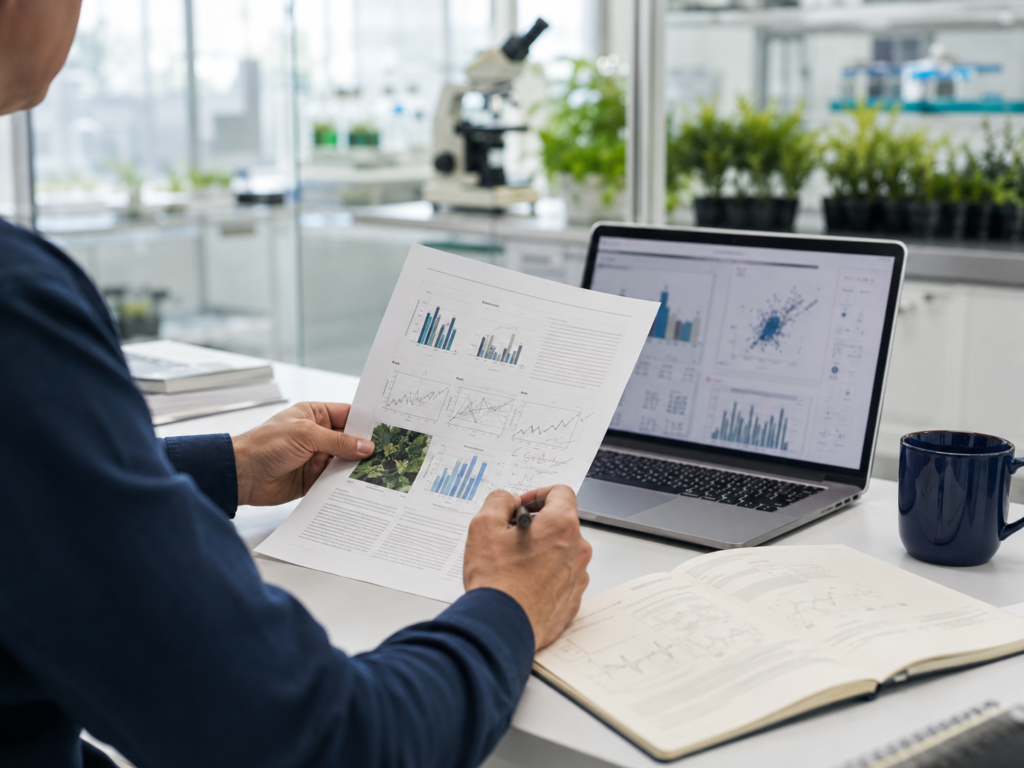 Scientist reviewing a research manuscript and scientific data in a plant research laboratory