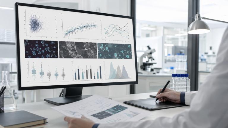 Scientist reviewing multi-panel scientific figures and data visualisations at a laboratory workstation.