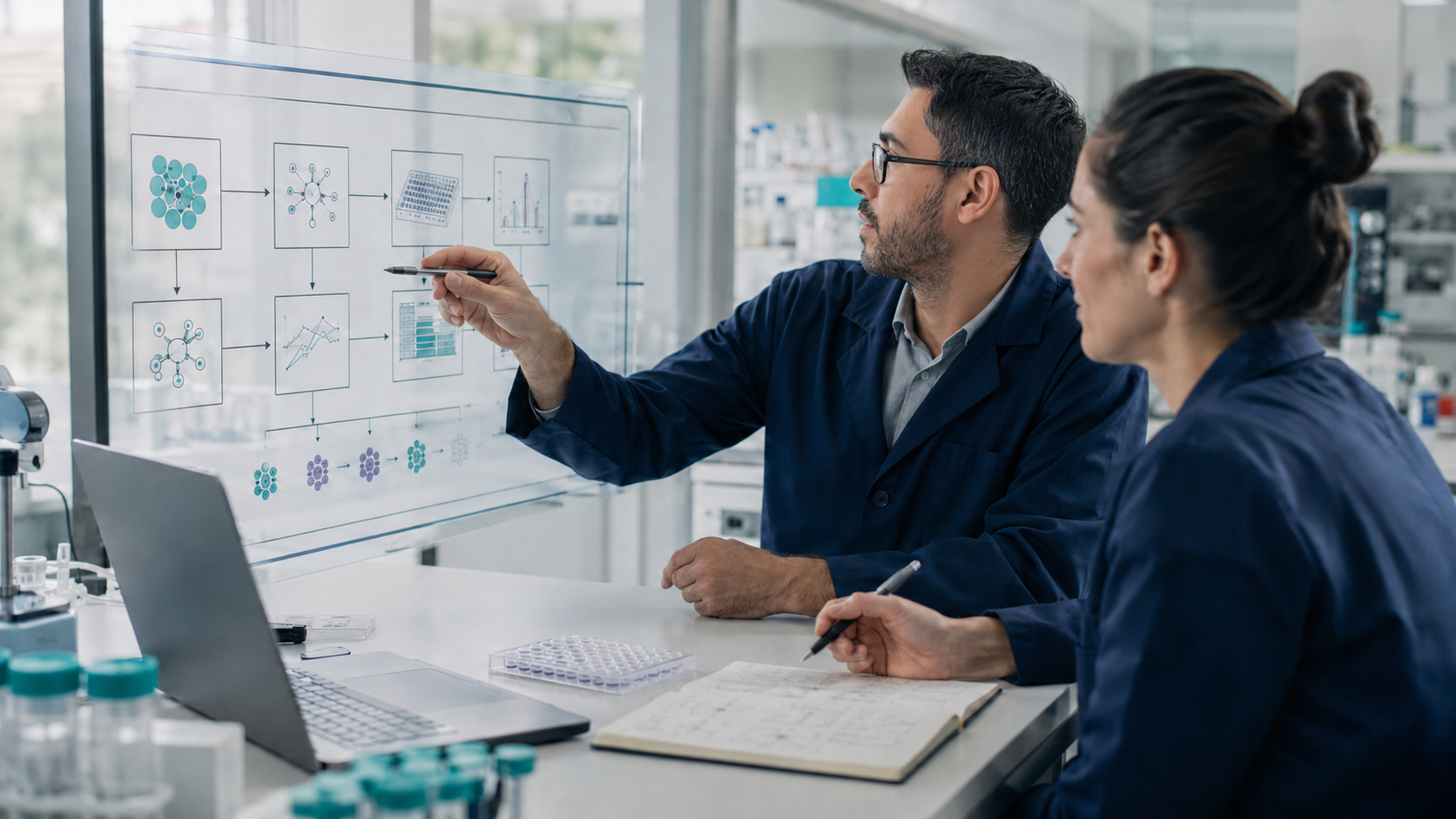 Scientists discussing experimental design and research data in a molecular biology laboratory