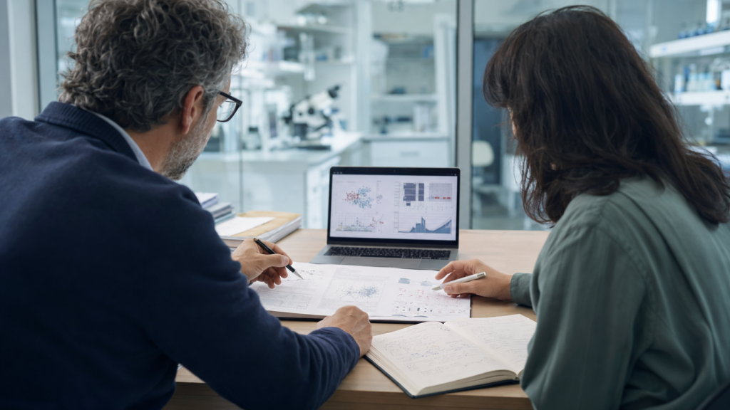 Scientific adviser and researcher collaboratively reviewing research data