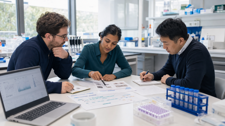 Biotechnology startup team reviewing experimental data, development milestones, and funding priorities in a laboratory meeting.
