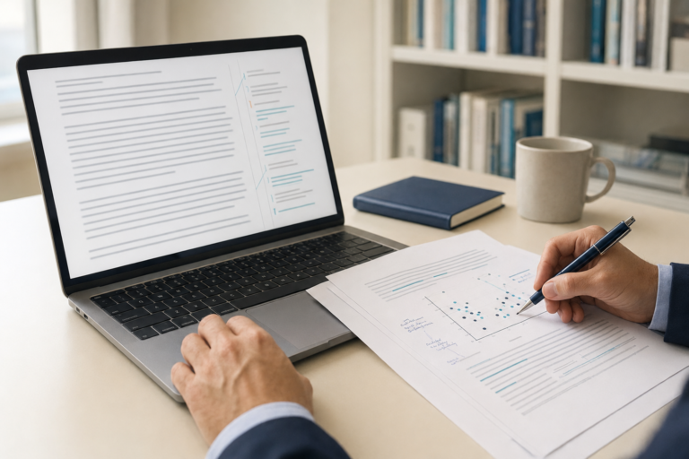 Scientist reviewing manuscript revisions and an annotated scientific figure.