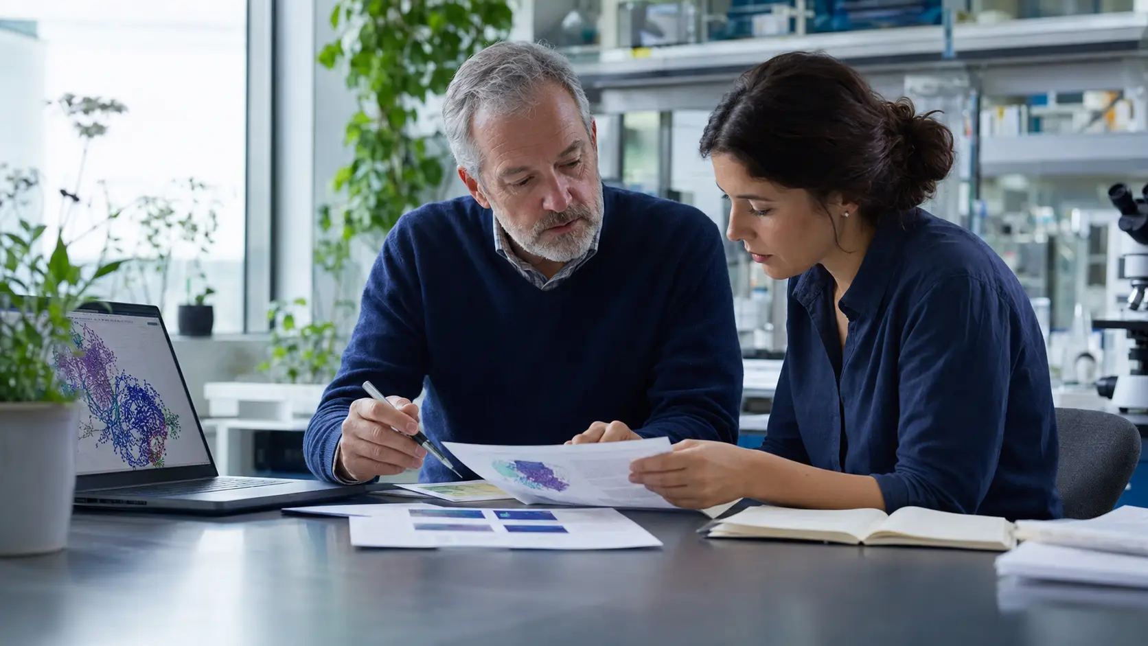 Scientific adviser and researcher reviewing a manuscript, figures and research data together