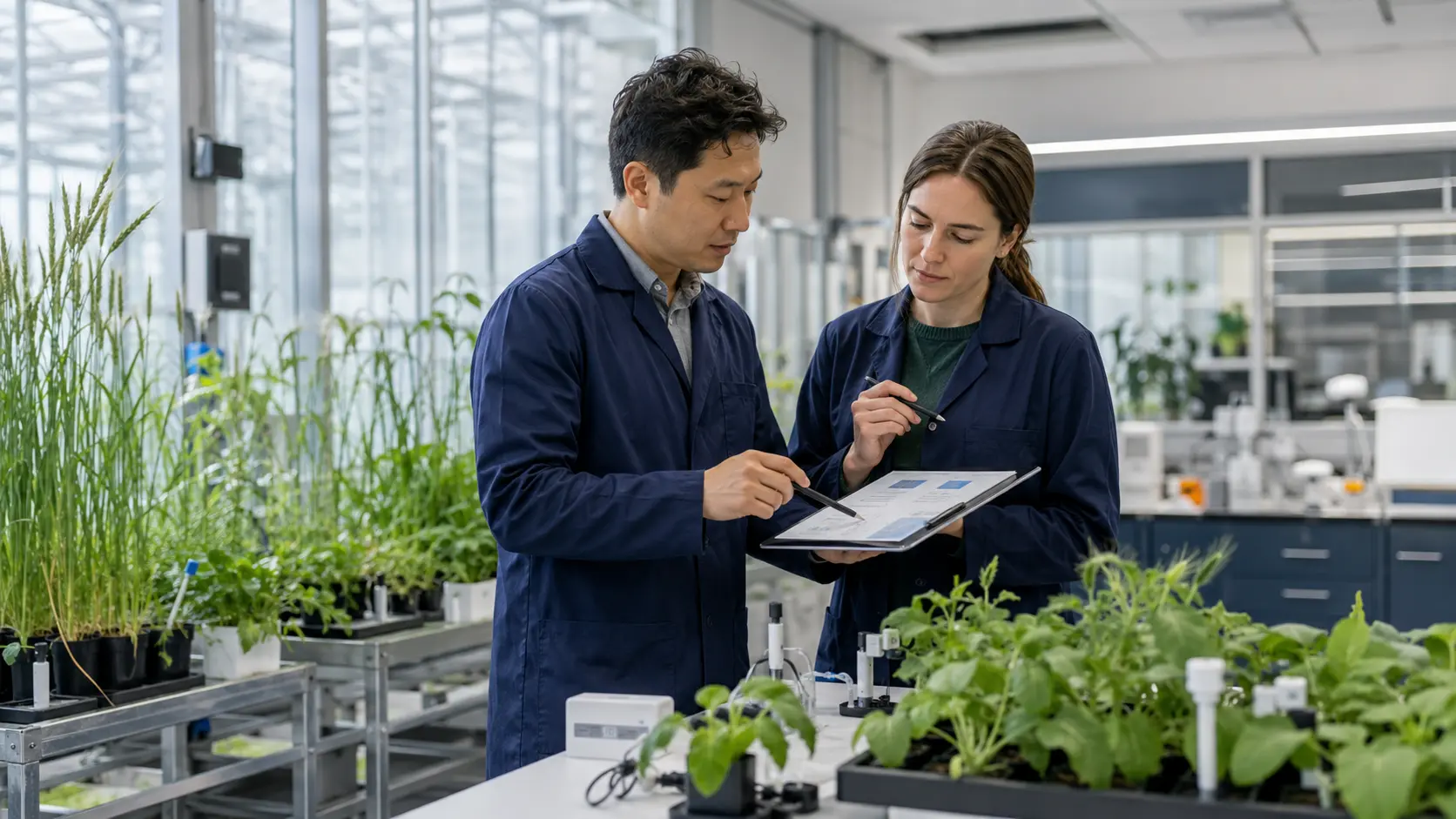 Scientists planning an experimental design in a plant research facility